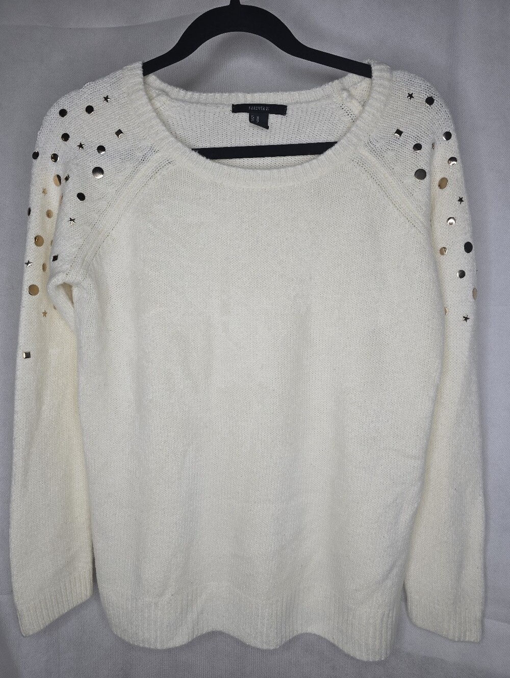 Forever 21 Sweater Ivory Gold Metallic Celestial Star Embellished Long Sleeve M